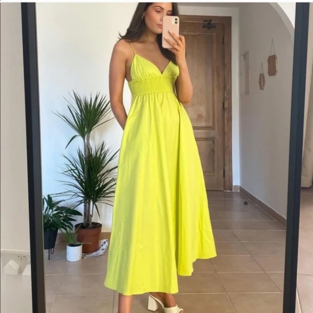 Zara Poplin Dress with Pockets Midi Maxi Lime